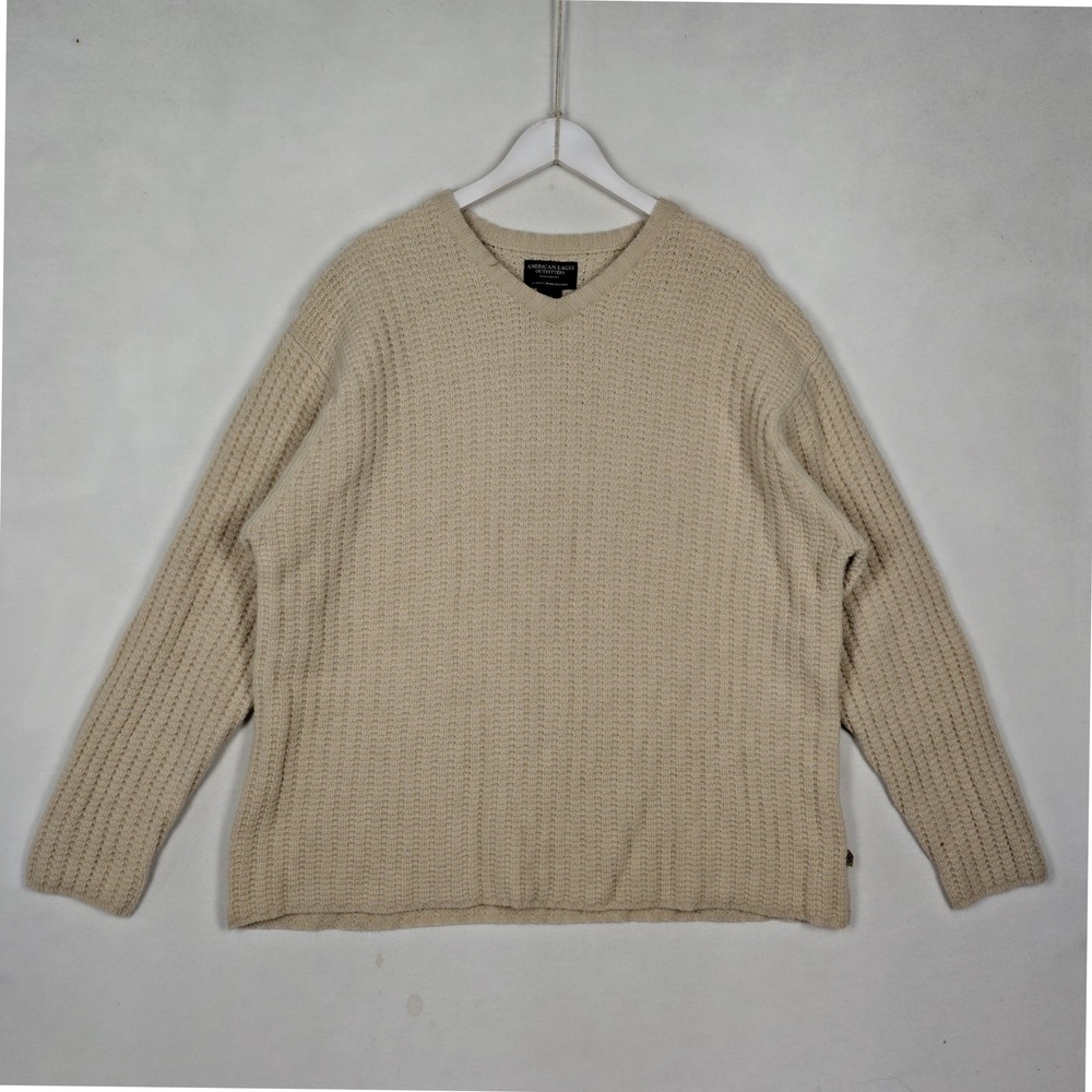 American Eagle Outfitters Vintage 100% Wool Ribbed V-Neck Sweater Beige XXL